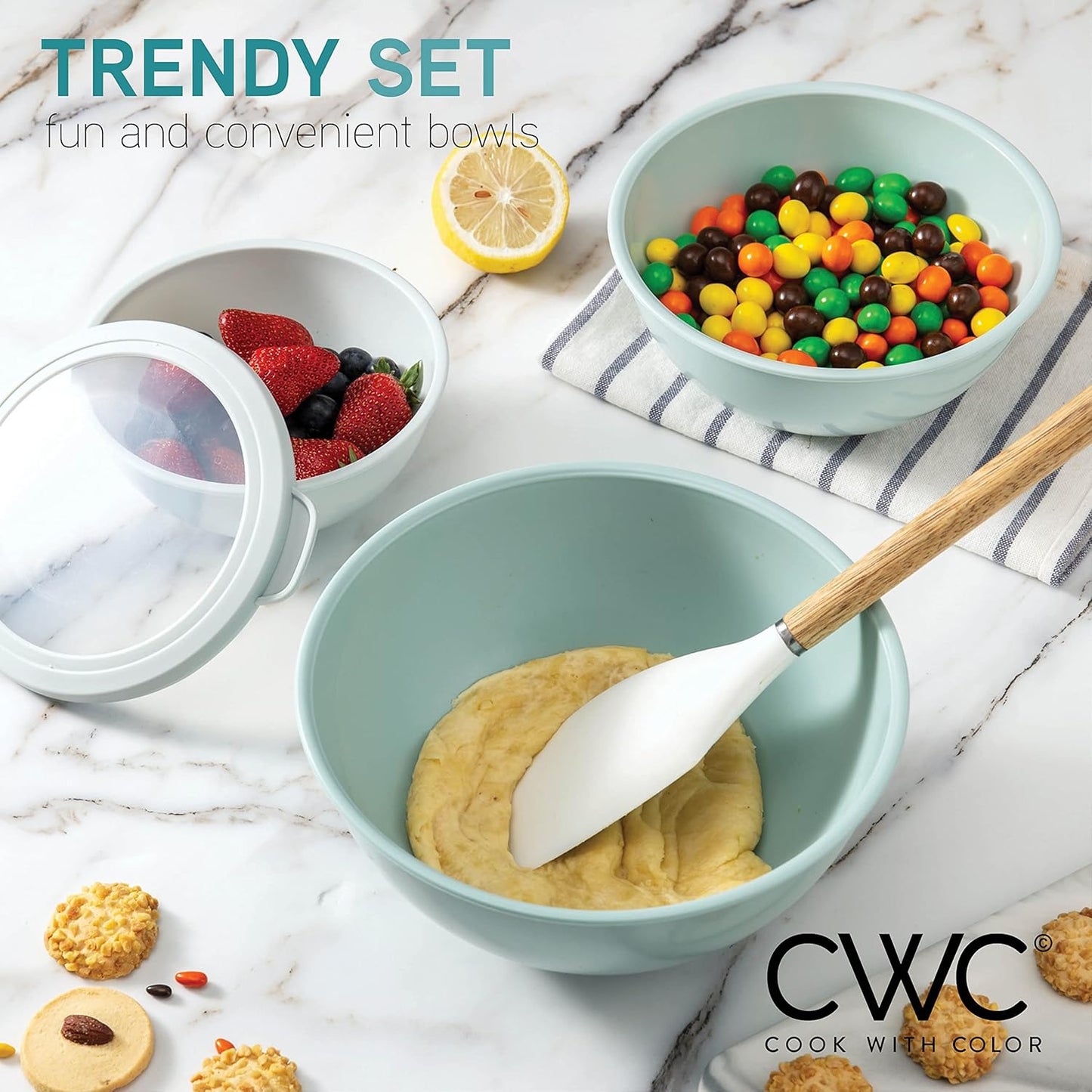 COOK WITH COLOR Mixing Bowls with Lids - 12 Piece Plastic Nesting Bowls Set includes 6 Prep Bowls and 6 Lids, Microwave Safe Mixing Bowl Set, Pink Embossed - Colors B