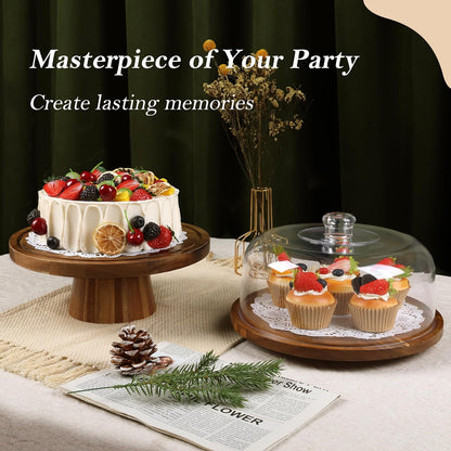 Bellsal Cake Stand with Dome Lid, 12in Acacia Wood Cake Plate with Cover, Wooden Cake Display Stand with Acrylic Dome, Cake Decorating for Baking Gift