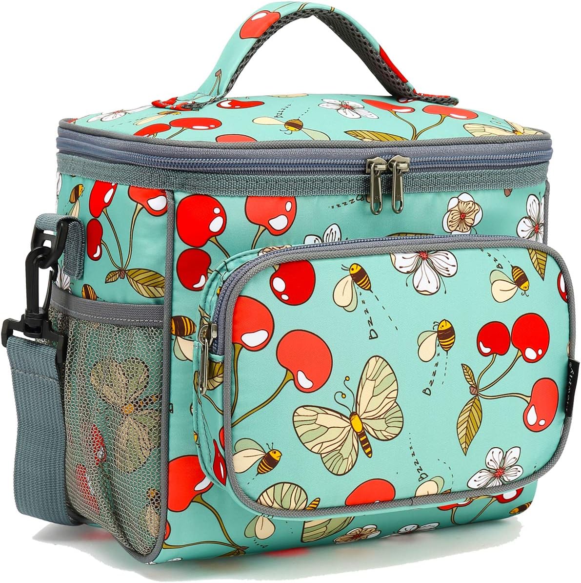 FlowFly Insulated Reusable Lunch Bag Adult Large Lunch Box for Women and Men with Adjustable Shoulder Strap,Front Zipper Pocket and Dual Large Mesh Side Pockets,Cherry - Colors A