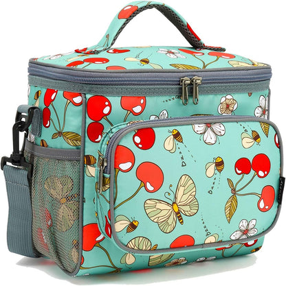 FlowFly Insulated Reusable Lunch Bag Adult Large Lunch Box for Women and Men with Adjustable Shoulder Strap,Front Zipper Pocket and Dual Large Mesh Side Pockets,Cherry - Colors A