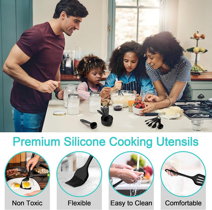 E-far Silicone Cooking Utensils Set, 25 Piece Kitchen Utensils with Holder, Non Toxic Kitchen Tools Spatula, Turner, Spoon, Ladle for Nonstick Cookware, Heat Resistant & Dishwasher Safe - Black