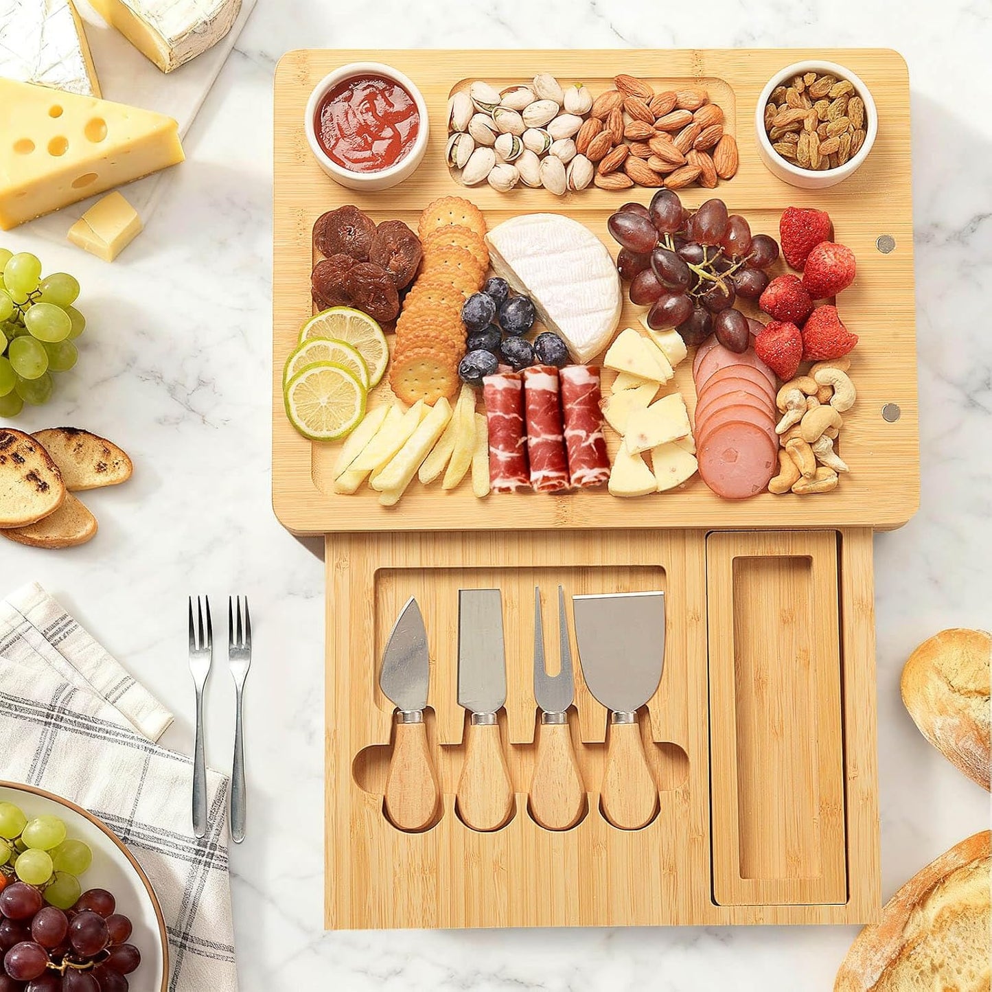Bamboo Cheese Board Set - Charcuterie Boards and Serving Meat Platter, Cheese Tray with 4 Stainless Steel Cheese Knives Cutting Board Platter, Ideal for Halloween, Wedding, Christmas Gifts