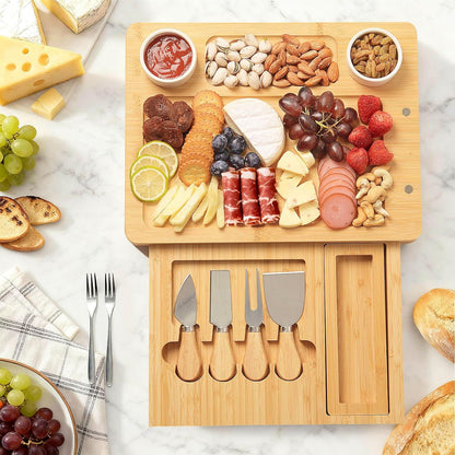 Bamboo Cheese Board Set - Charcuterie Boards and Serving Meat Platter, Cheese Tray with 4 Stainless Steel Cheese Knives Cutting Board Platter, Ideal for Halloween, Wedding, Christmas Gifts