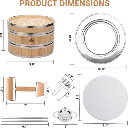 2 Tier Bamboo Steamer | Bamboo Steamer Basket with Reusable Silicone Liner | Food Dim Sum Kit for Cooking Baby Bao Bun, Rice, Vegetable, Fish and Meat