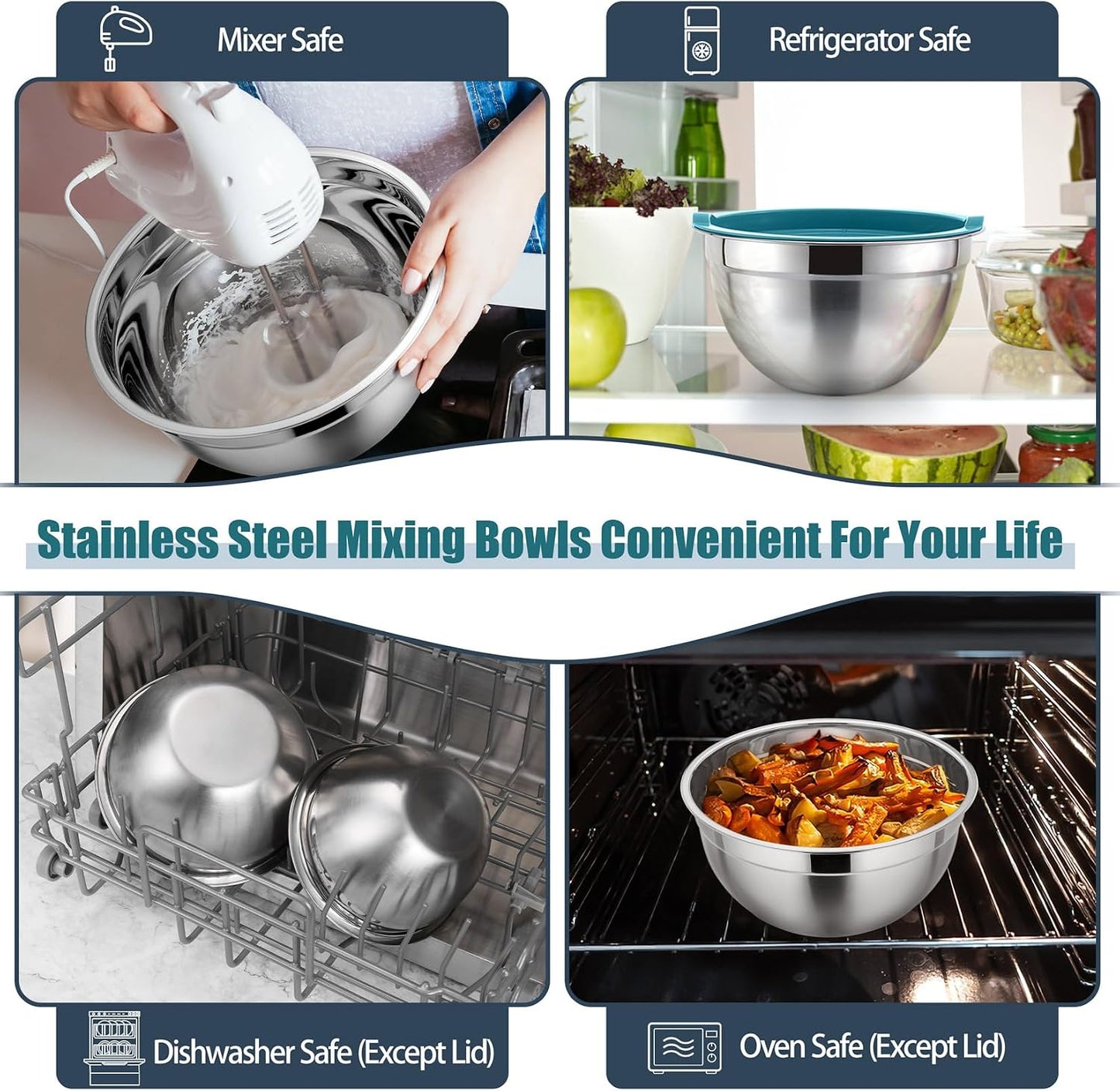 P&P CHEF Black Mixing Bowls with Lids, Set of 3, Stainless Steel Salad Nesting Bowl for Mixing, Storing, Prepping, Airtight & Stackable, Size 4.6/3 /1.5 QT