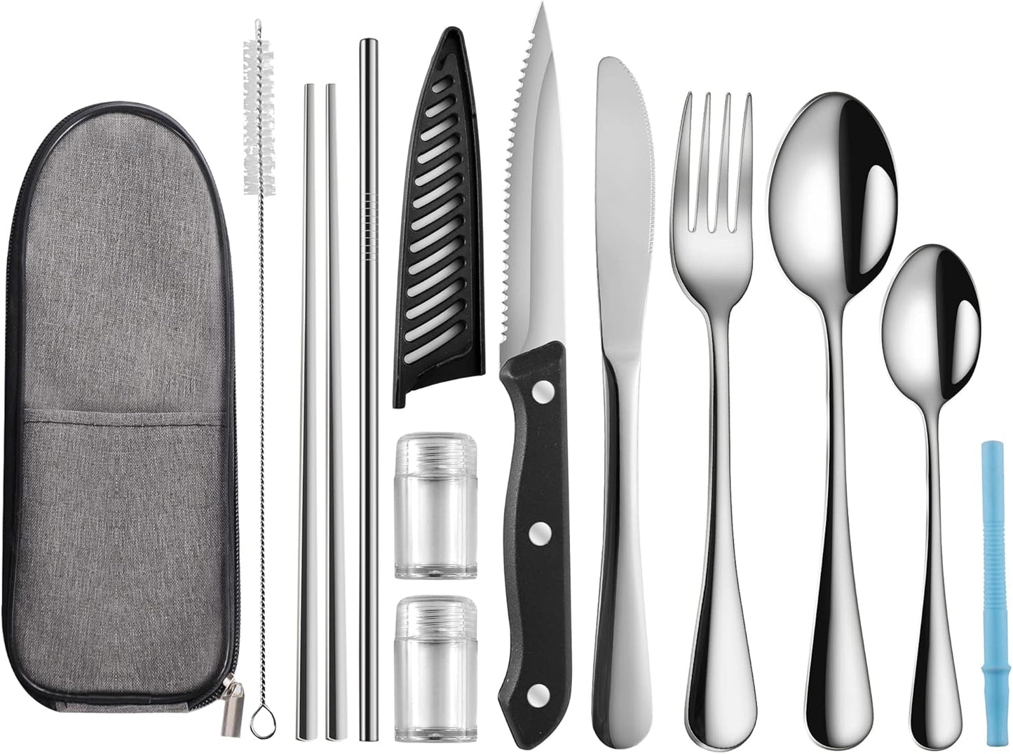 Logcow Travel Utensils Set with Case, 10-Piece Reusable Stainless Steel Camping Cutlery, Portable Fork Spoon Knife Chopsticks & Straw for Work, Lunch, Picnic (Rainbow)