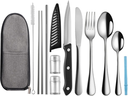 Logcow Travel Utensils Set with Case, 10-Piece Reusable Stainless Steel Camping Cutlery, Portable Fork Spoon Knife Chopsticks & Straw for Work, Lunch, Picnic (Rainbow)