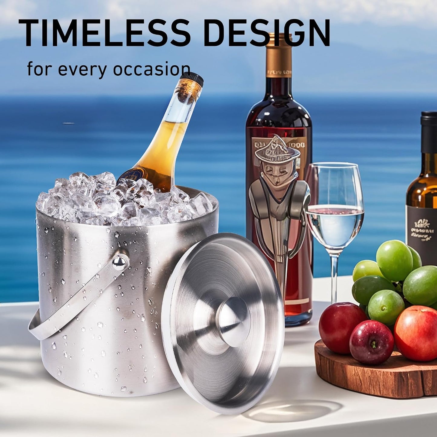 3L beige white Double Wall Insulated Stainless Steel Ice Bucket with scoop for Cocktail Bar,Metal Ice Bucket for freezer with Lid for parties.ice Container to Keep Ice Colder,bar cart accessories