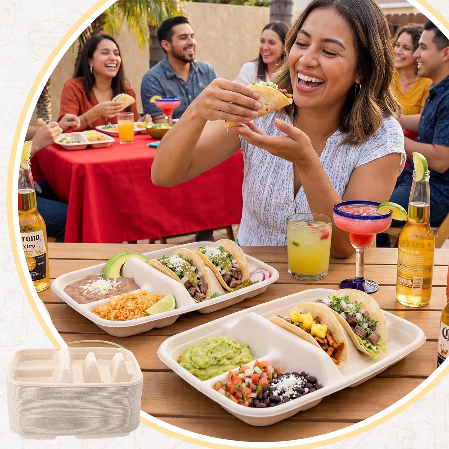50 Pack Disposable Taco Plates for 2 Tacos & 2 Sides Fiesta Tacos Stand Holder Paper Plates with Dividers for Taco Bar Serving Party Supplies