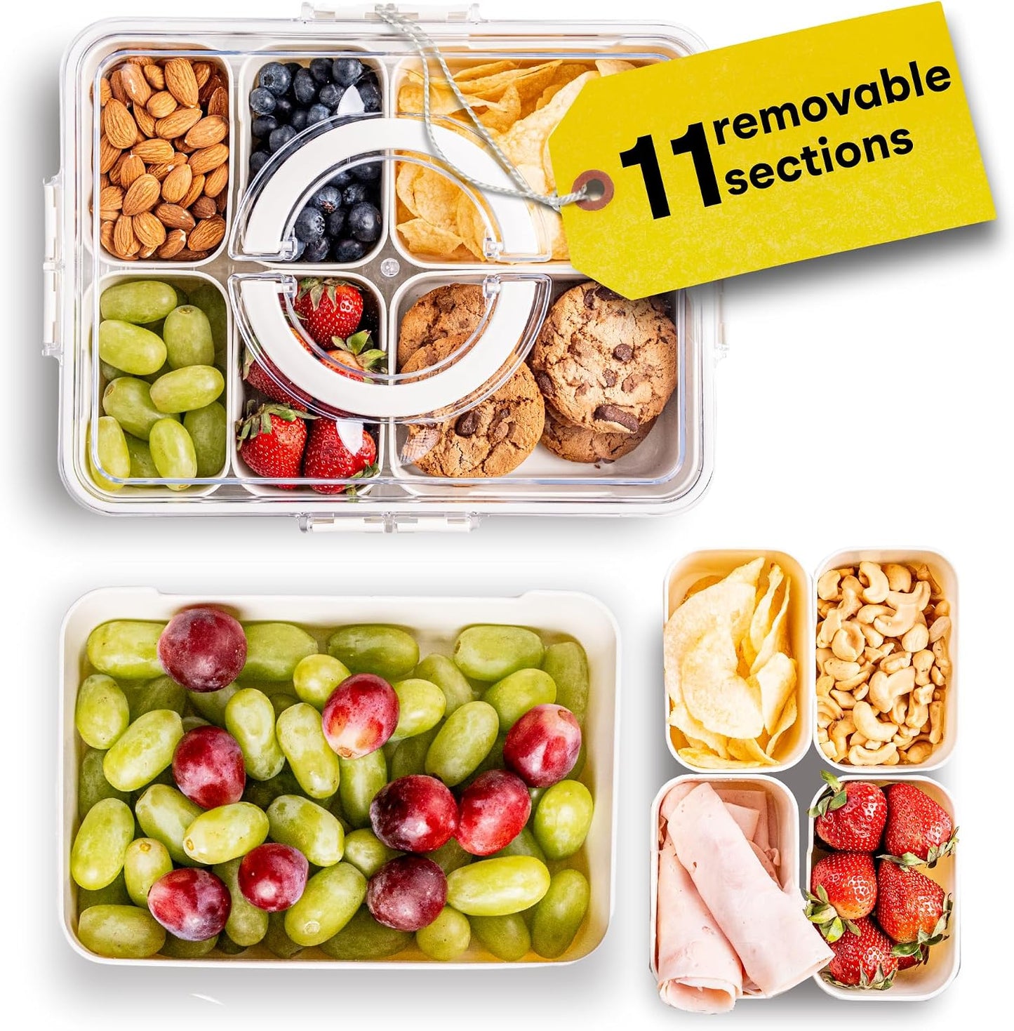 Dishwasher Safe Snackle Box Container 11 Removable Compartments - Divided Serving Tray with Lid and Handle - Portable Snack Box BPA Free - Premium PCTG Plastic Beach Snack Containers