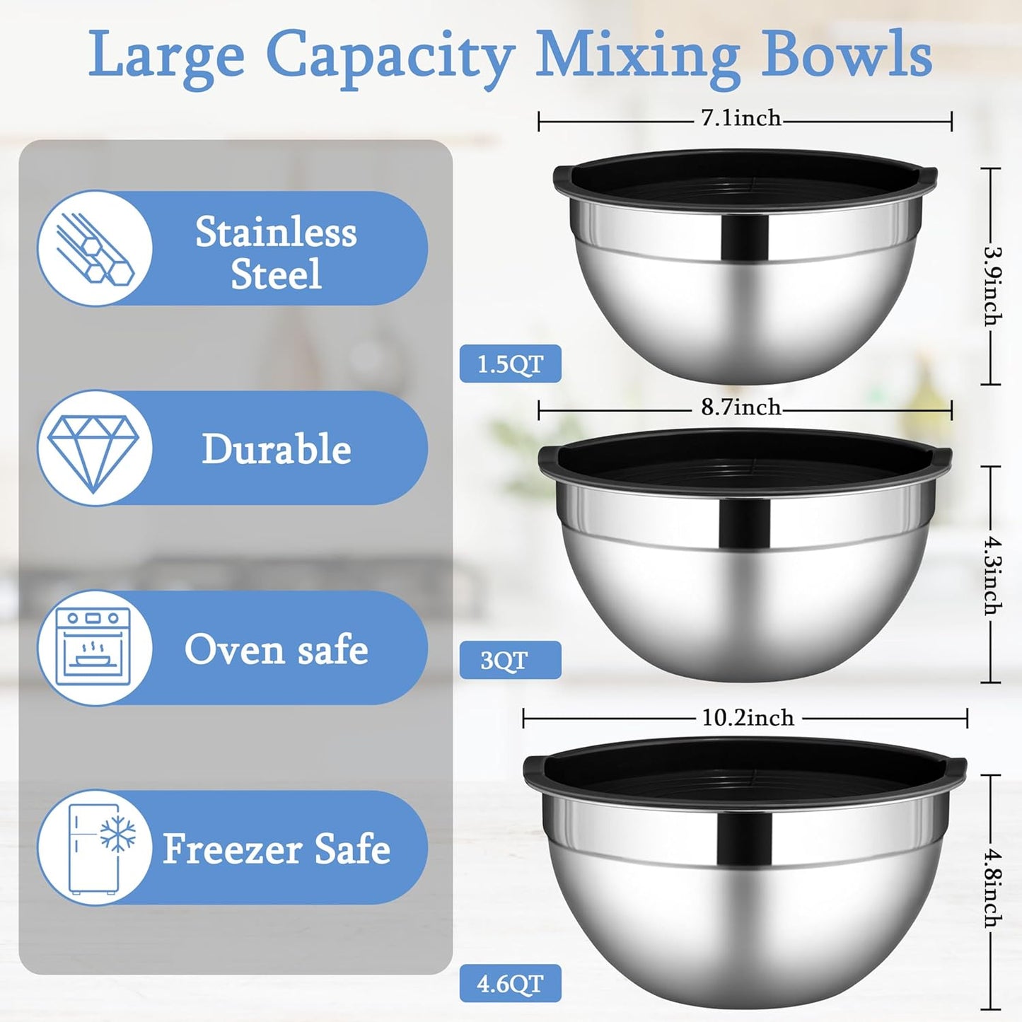 LIANYU Mixing Bowls with Airtight Lids Sets, 3 Packs Stainless Steel Metal Mixing Bowls, Ideal for Prepping, Cooking, Storage, Serving, Freezer & Dishwasher Safe, Khaki