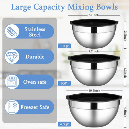 LIANYU Mixing Bowls with Airtight Lids Sets, 3 Packs Stainless Steel Metal Mixing Bowls, Ideal for Prepping, Cooking, Storage, Serving, Freezer & Dishwasher Safe, Khaki