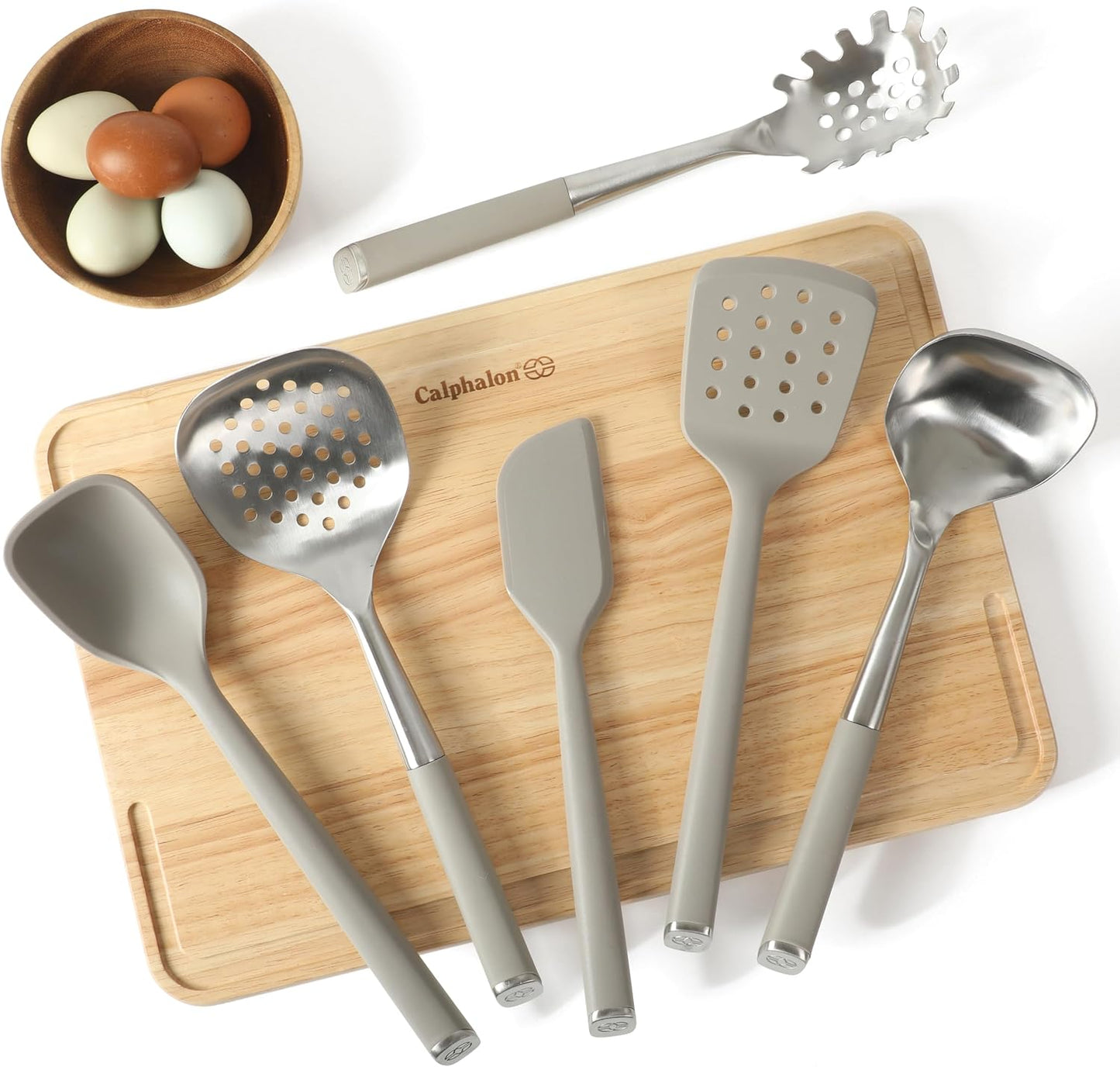 Calphalon Edge 6-Piece Stainless Steel Kitchen Tool & Gadget Set, Kitchen Utensil Set with Silicone Accent, Can opener, Straight peeler, Grater, Tongs, Balloon whisk and Scoop (Taupe)