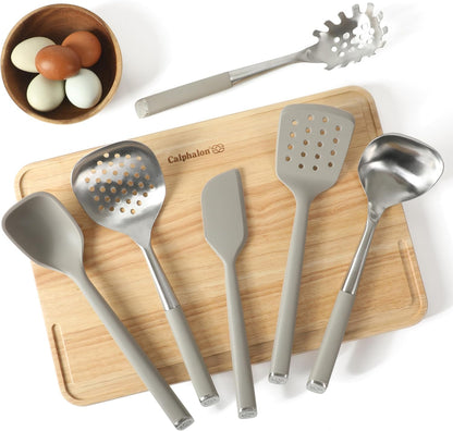 Calphalon Edge 6-Piece Stainless Steel Kitchen Tool & Gadget Set, Kitchen Utensil Set with Silicone Accent, Can opener, Straight peeler, Grater, Tongs, Balloon whisk and Scoop (Taupe)