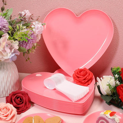 Layhit 38 Pieces Valentines Heart Shaped Plates Spoon Set Include 18 Pcs 10 Inch Valentines Day Heart Shaped Food Tray 20 Pcs Plastic Spoon Salad Dessert Plate for Party Supplies(Red)