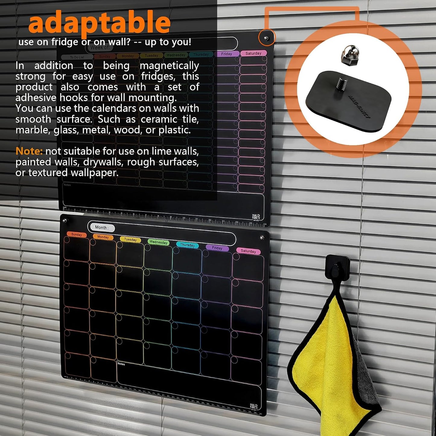 MAG-FANCY Magnetic Dry Erase Calendar for Refrigerator Weekly Chore Chart Schedule Planning Board 6 Fine Tip Wet EraseMarkers & Mounts for Wall Hanging Black