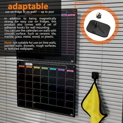 MAG-FANCY Magnetic Dry Erase Calendar for Refrigerator Weekly Chore Chart Schedule Planning Board 6 Fine Tip Wet EraseMarkers & Mounts for Wall Hanging Black
