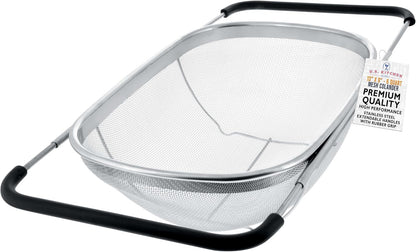 U.S. Kitchen Supply Stainless Steel Colander Strainer - 6-Quart Collapsible Colander with Expandable Rubber Handles - Rectangular Sieve, Fine Mesh Stainless Steel Strainers and Colanders for Kitchen