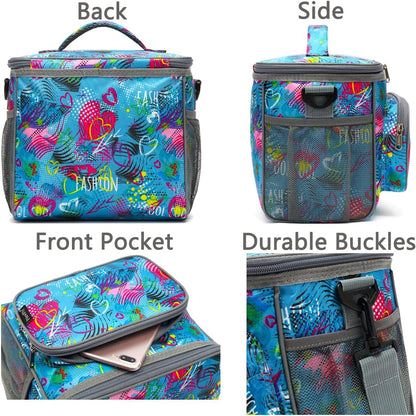 FlowFly Insulated Reusable Lunch Bag Adult Large Lunch Box for Women and Men with Adjustable Shoulder Strap,Front Zipper Pocket and Dual Large Mesh Side Pockets,Cherry - Colors B
