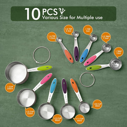 HOTEC 10-PACK Measuring Cups and Spoons Set, Kitchen Gadagets Cooking Baking,Heavy Duty & Dishwasher Safe for Dry and Liquid Ingredients,Black
