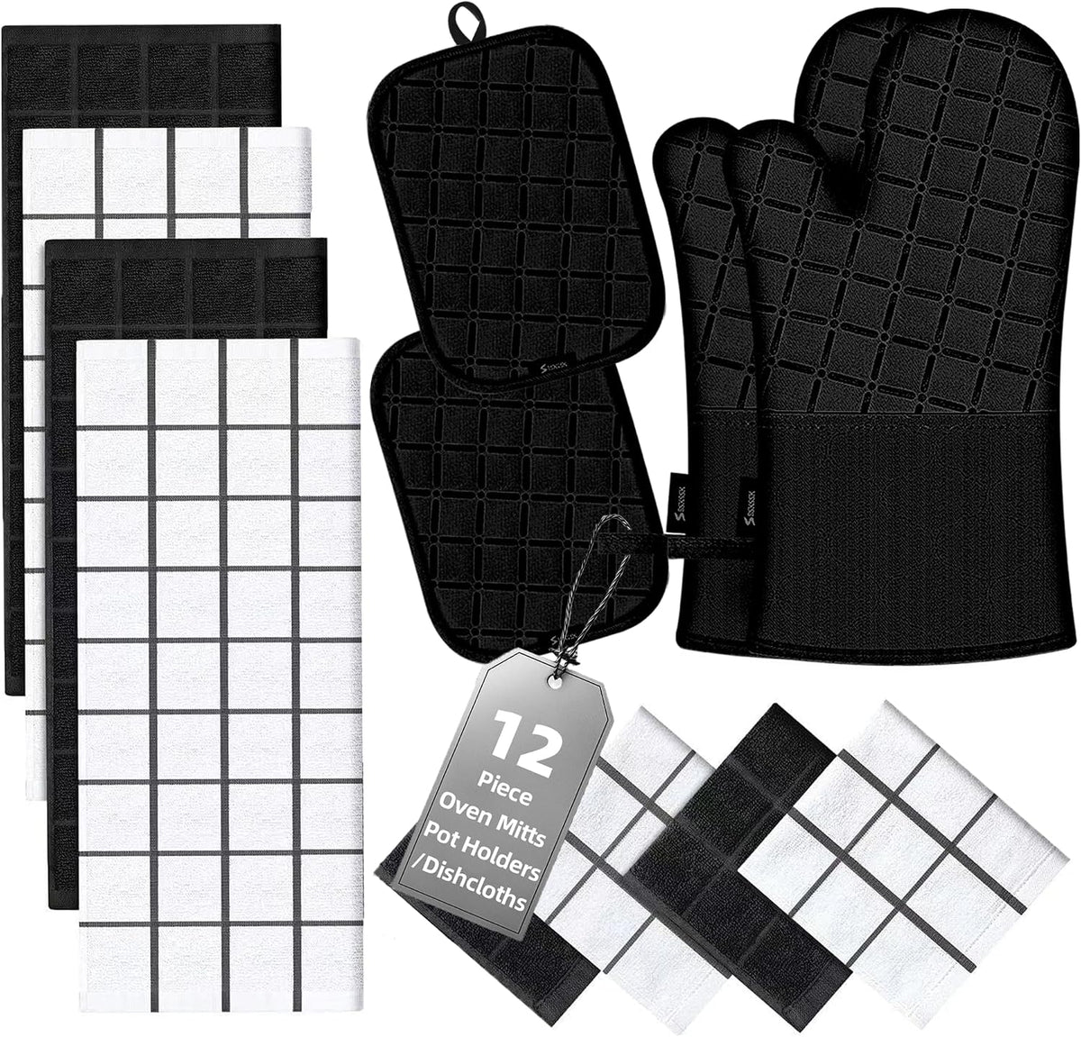 Oven Mitts Kitchen Towels and Dishcloths Pot Holders Sets, Oven Gloves Kitchen Dish Towels 500 Degree Heat Resistant Potholders with Non-Slip Silicone Surface for Cooking, Grilling, Baking-Gray
