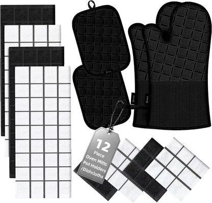 Oven Mitts Kitchen Towels and Dishcloths Pot Holders Sets, Oven Gloves Kitchen Dish Towels 500 Degree Heat Resistant Potholders with Non-Slip Silicone Surface for Cooking, Grilling, Baking-Gray
