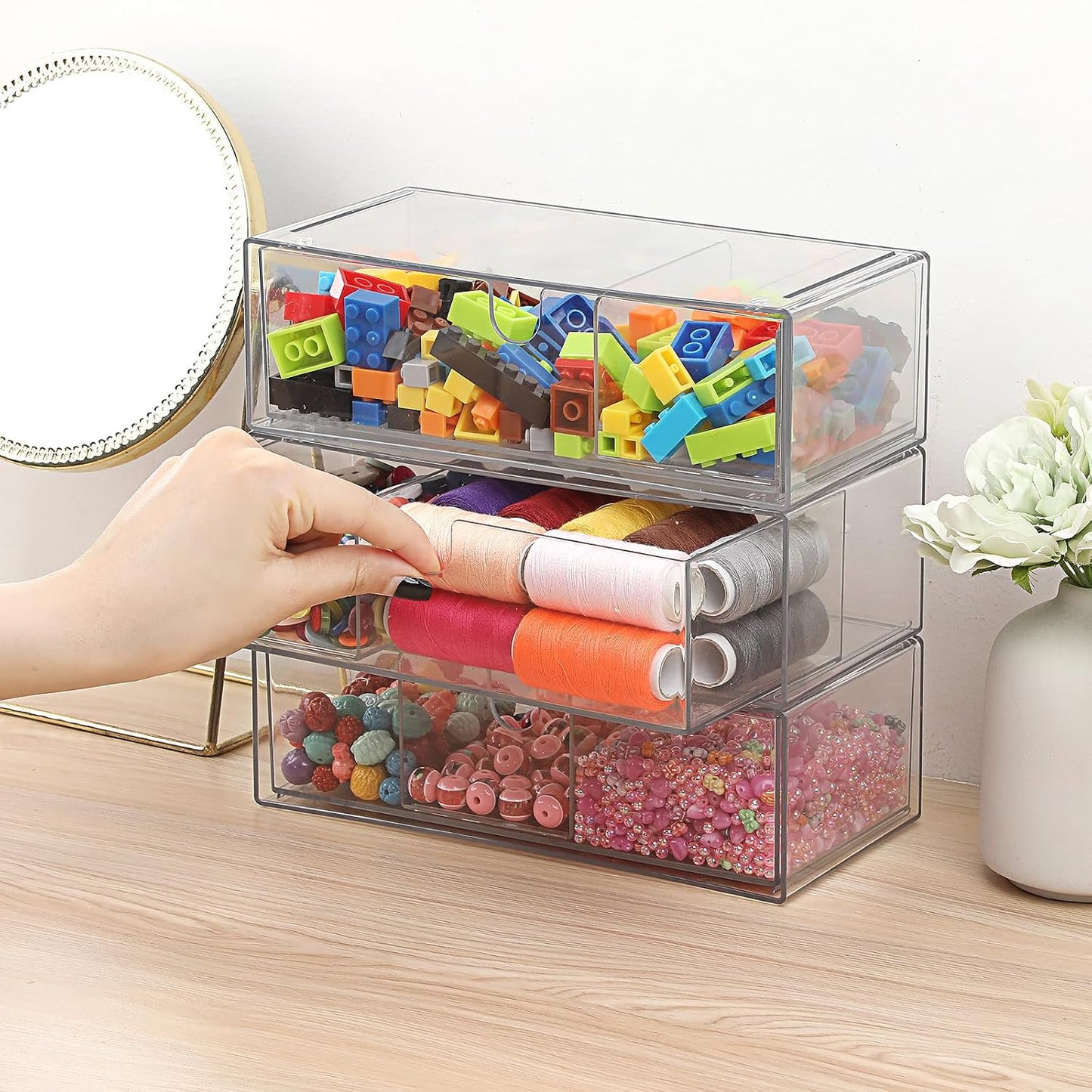 Acrylic Pencil Drawer with Removable Dividers Clear Pull Out Pen Drawer Organizer Stackable Bathroom Organizer for Makeup, Cosmetics, Office Supplies,3 Pack
