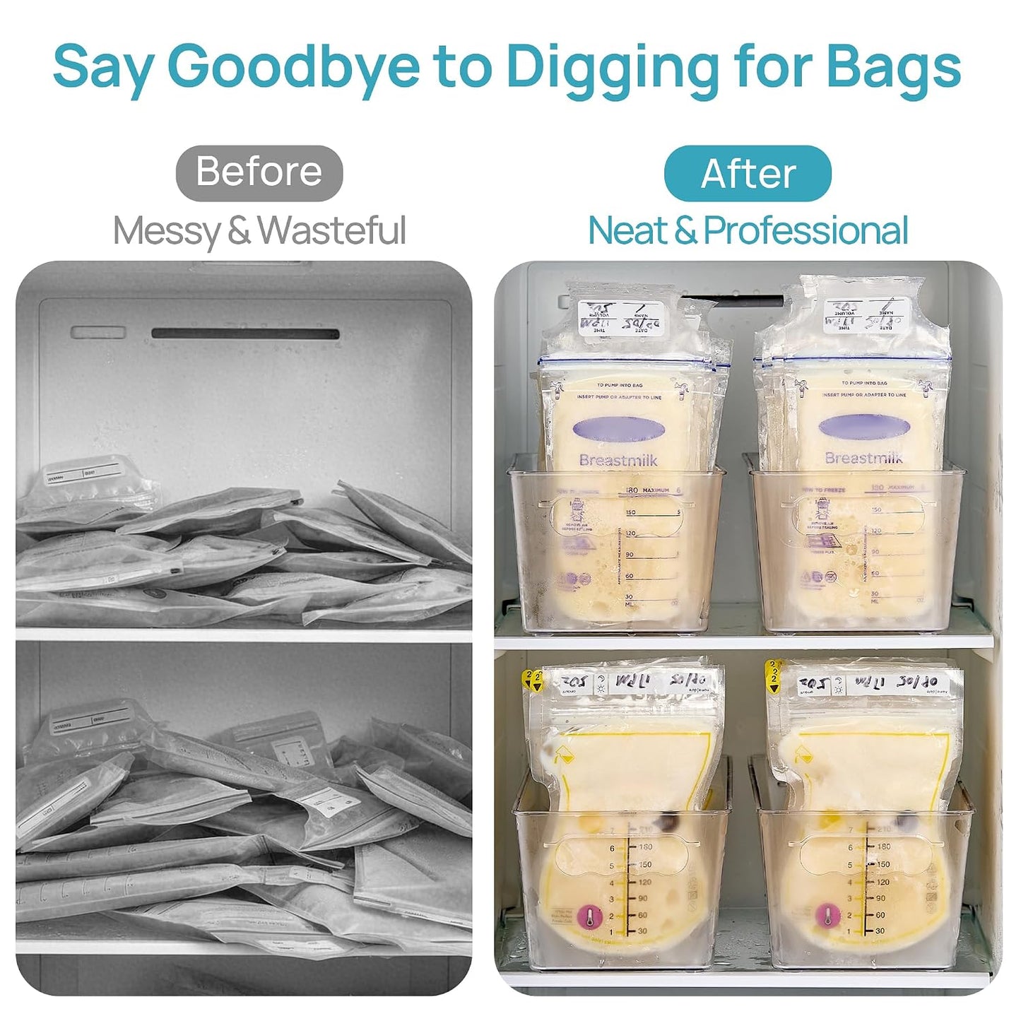 Vtopmart 4 Pack Breast Milk Storage Bags Container with Sliding Adjustable Dividers, Flexibly Adjust Compartments for Breast Milk Storage, Fridge and Freezer Organizer Bins