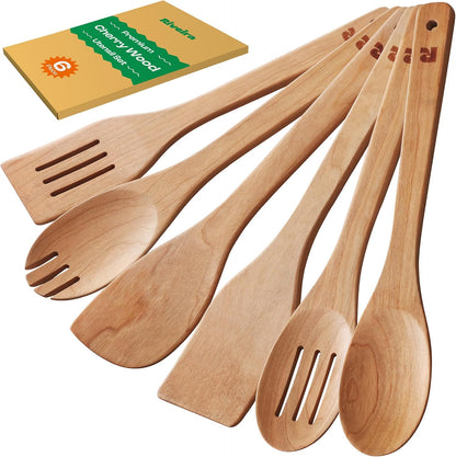 Riveira Dark Bamboo Wooden Spoons for Cooking 6-Piece, Apartment Essentials Wood Spatula Spoon Nonstick Kitchen Utensil Set Premium Quality Housewarming Gifts for Everyday Use