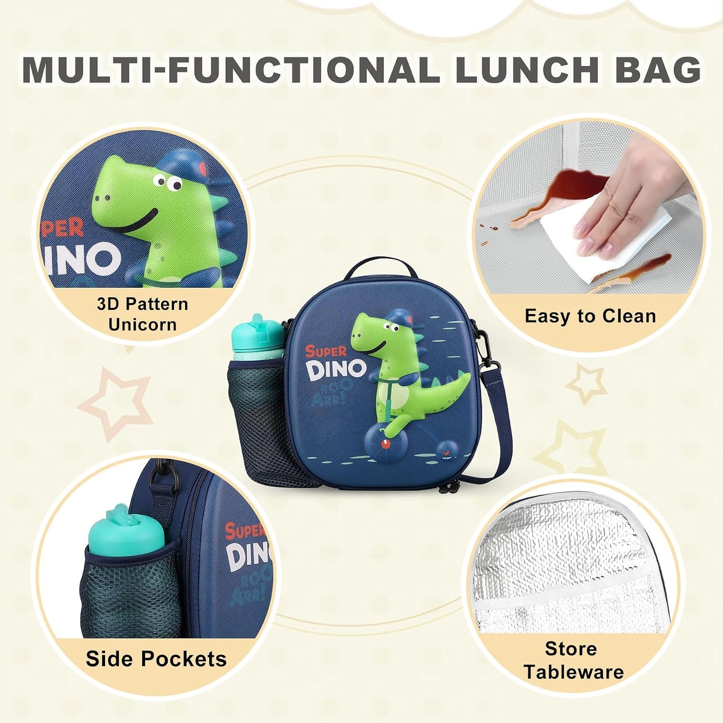Kids Lunch Box for Kids Insulated Reusable Lunch Bag Tote Durable Children Leak-proof Lunchbox with Adjustable Shoulder Strap for School Daycare Travel Picnic (Navy - 3D Dinosaur)
