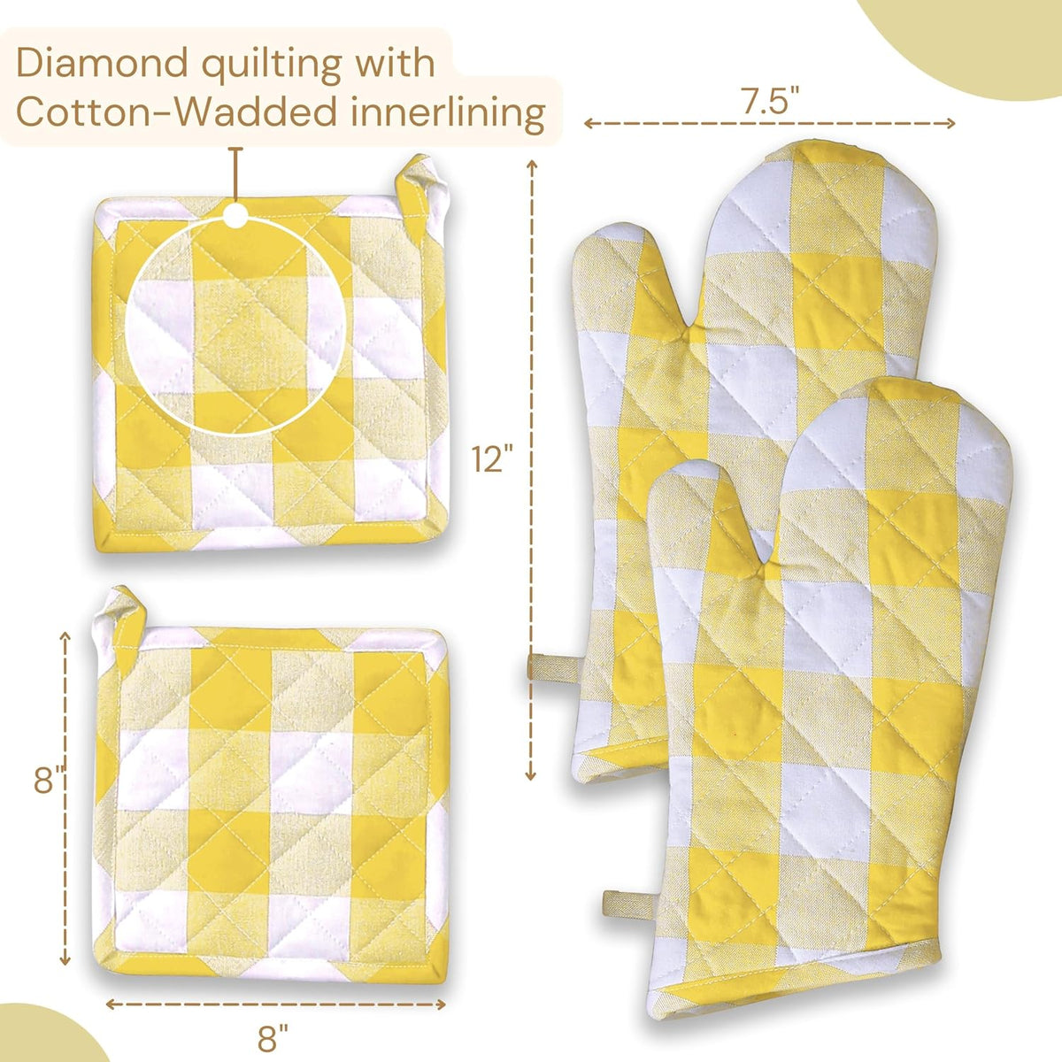 Oven Mitt (7"x13") & Pot Holder (8"x8") 100% Cotton Set of Heat Resistant Oven Gloves & Hot Pads for Gifts, BBQ, Cooking, Baking, Thanksgiving - Mustard Yellow
