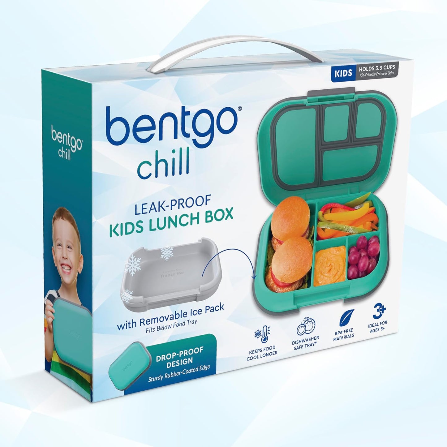 Bentgo Chill Kids Leak-Proof Lunch Box - 4-Compartment Bento Box with Built-In Ice Pack, 3.3 Cup Capacity, PFAS & BPA-Free, Microwave & Dishwasher Safe, Ideal Size for Ages 3 to 7 (Truly Teal)