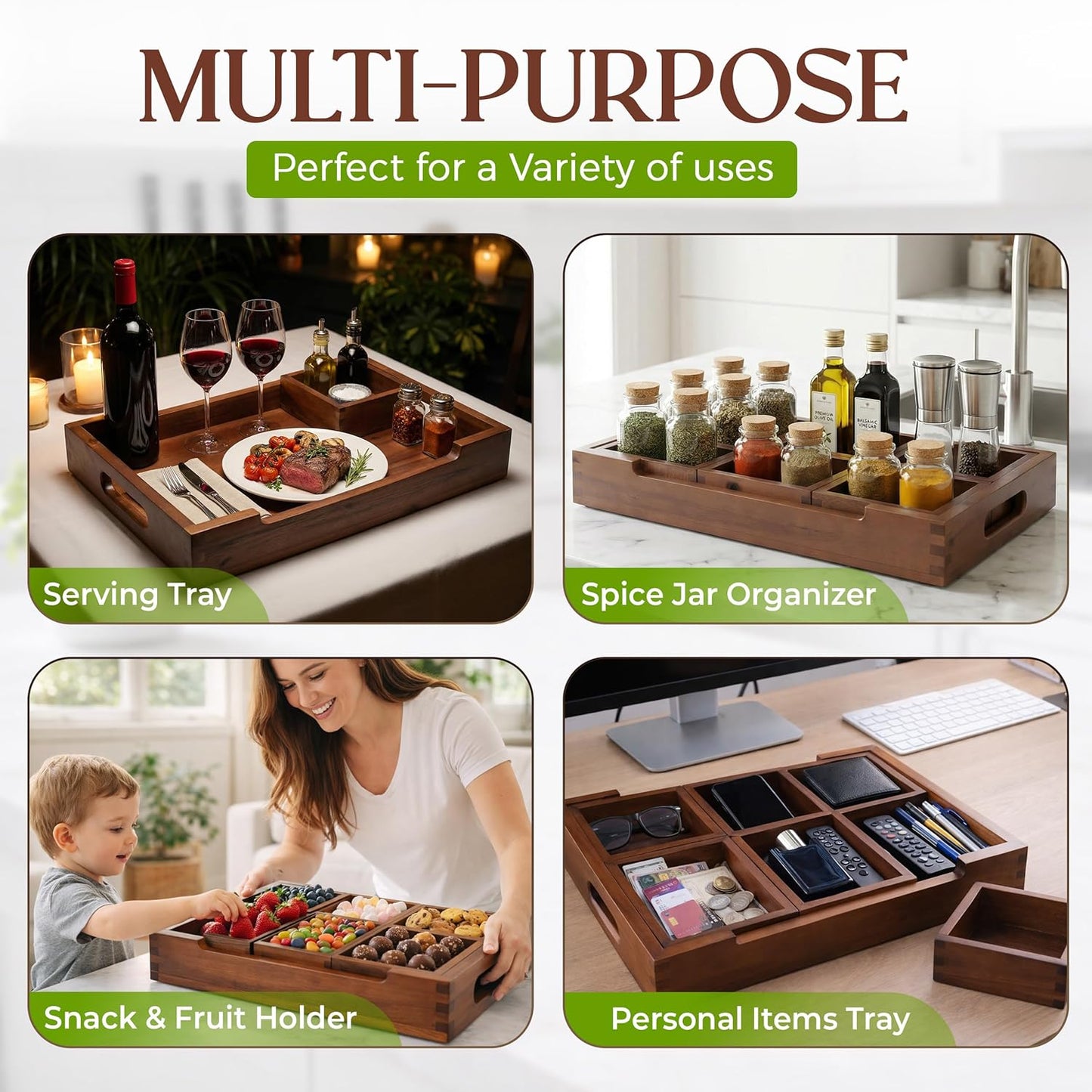Set7 Wood Serving Tray With Handles And Lid – Large Rectangular Breakfast & Ottoman Tray with Raised Edges, Serving Platter Snack Tray, Serving Tray with Food, Drinks, Appetizer Dishes & Dessert Trays