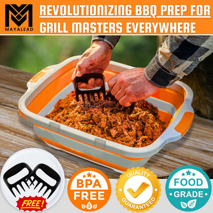 MAYALEAD BBQ Prep Tub with 2 Pcs Meat Shredder Claws, Collapsible Cutting Board, Cutting Board with Locking Lids, Drip Easy BBQ Prep Tub with lid-XL Size (Black)