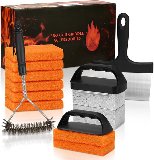 Griddle Cleaning Kit for Blackstone, Flat Top Grill Accessories Cleaner Tool Set Grill Stone, Griddle Scraper, Scouring Pad and Handles, Multifunctional Griddle Accessories Easy to Remove Stain