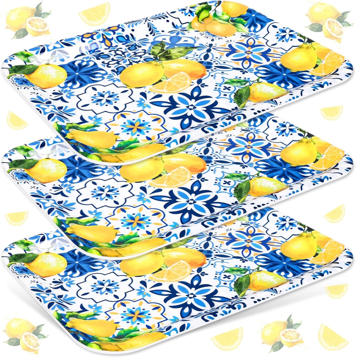 FYSUIMU 3Pcs Lemon Serving Trays Blue Tiles Lemon Print Platter Summer Citrus Fruit Serving Dishes for Spring Birthday Party Sharing Snacks Fruit Desserts