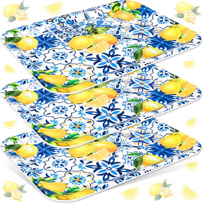 FYSUIMU 3Pcs Lemon Serving Trays Blue Tiles Lemon Print Platter Summer Citrus Fruit Serving Dishes for Spring Birthday Party Sharing Snacks Fruit Desserts