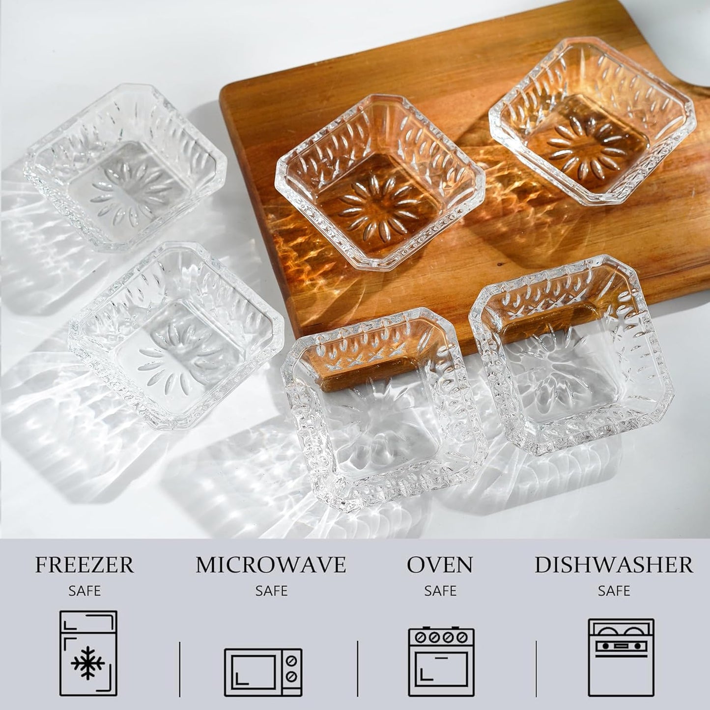 kanpura Mini Glass Bowls, Square Prep Bowl, Dishwasher Safe, Pinch Bowls for Dipping Spices Sauce, Stackable, 1.8 oz, Set of 6, (Clear)