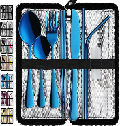 VANDBAO Camping Utensils Set, Portable Travel Utensils with Case for Fixing Tableware, Reusable Stainless Steel Stable Cutlery Set, Lunch Picnic Flatware Silverware (Rainbow Set)