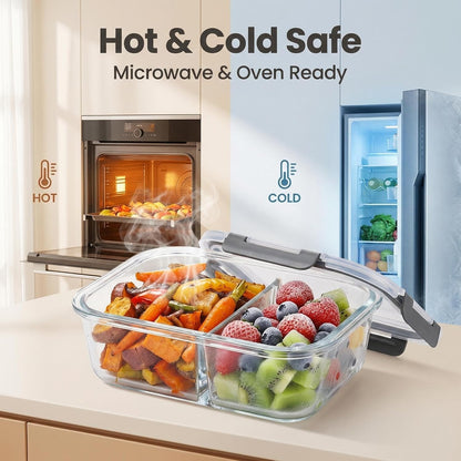 Glass Food Storage Containers with Lids, Compartment Meal Prep Containers, Airtight Leak Proof, Oven and Freezer Safe, Rectangular