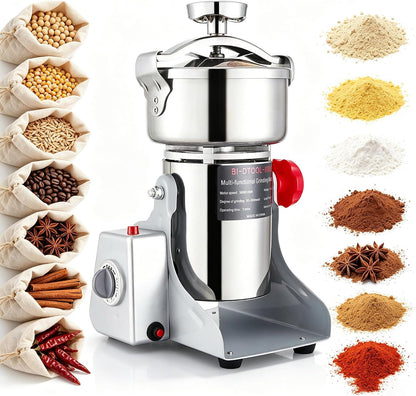 BI-DTOOL Electric Grain Mill Grinder 2000W Dry Material Grinding Machine 800g Stainless Steel Pulverizer 36000r/min High-speed Grain Mill 270° swingable Superfine powder for Home and Commercial 800g