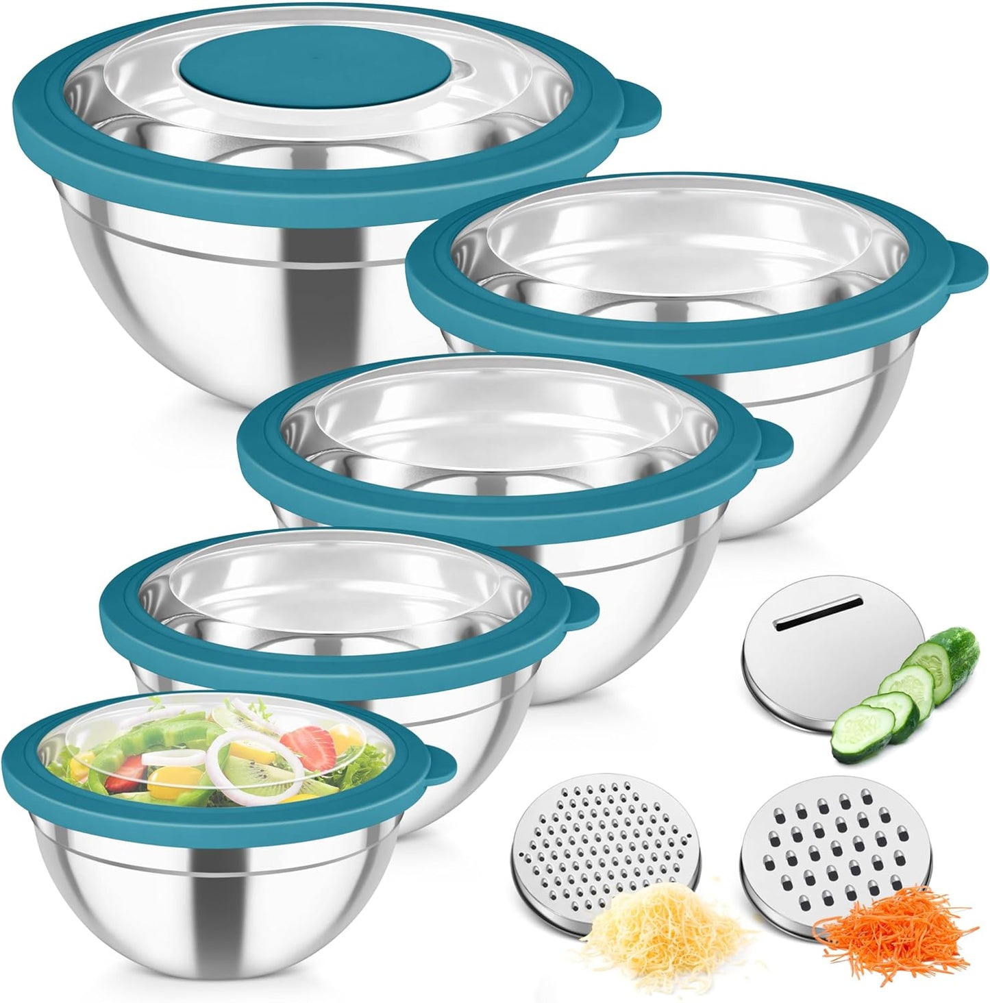 TeamFar Mixing Bowls, Stainless Steel Salad Serving Bowl with Clear Lids & 3 Graters, For Kitchen Cooking Prepping Storing, Size 4.6/2.6/1.5/1/0.7 QT, Nesting & Airtight, Set of 5 & Khaki
