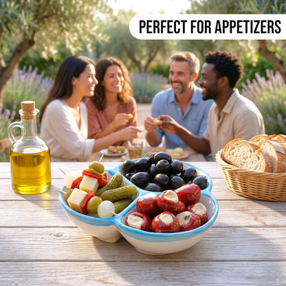 Ceramic Chip & Dip Bowl 7.5”, 3-Compartment Divided Serving Dish & Condiment Tray for Appetizers – Handmade in Spain, Lead-Free Glaze, Microwave, Oven & Dishwasher Safe