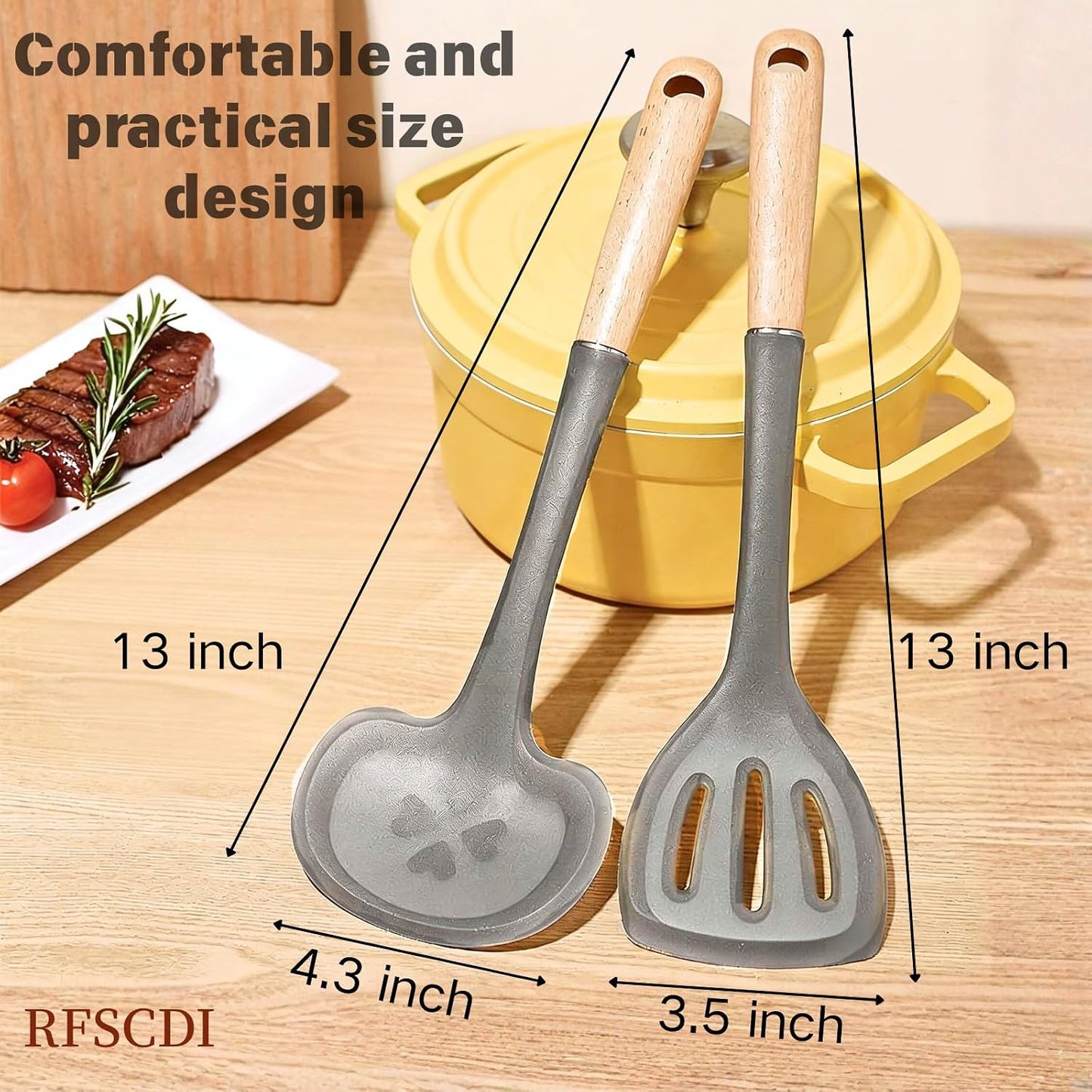 Exquisite Silicone Cooking Utensils Set - Non-Toxic, Heat-Resistant Kitchen Utensils Set with Food-Grade Silicone & Wood Handles - Includes Spatula & Spoon for Non-Stick Cookware, Black