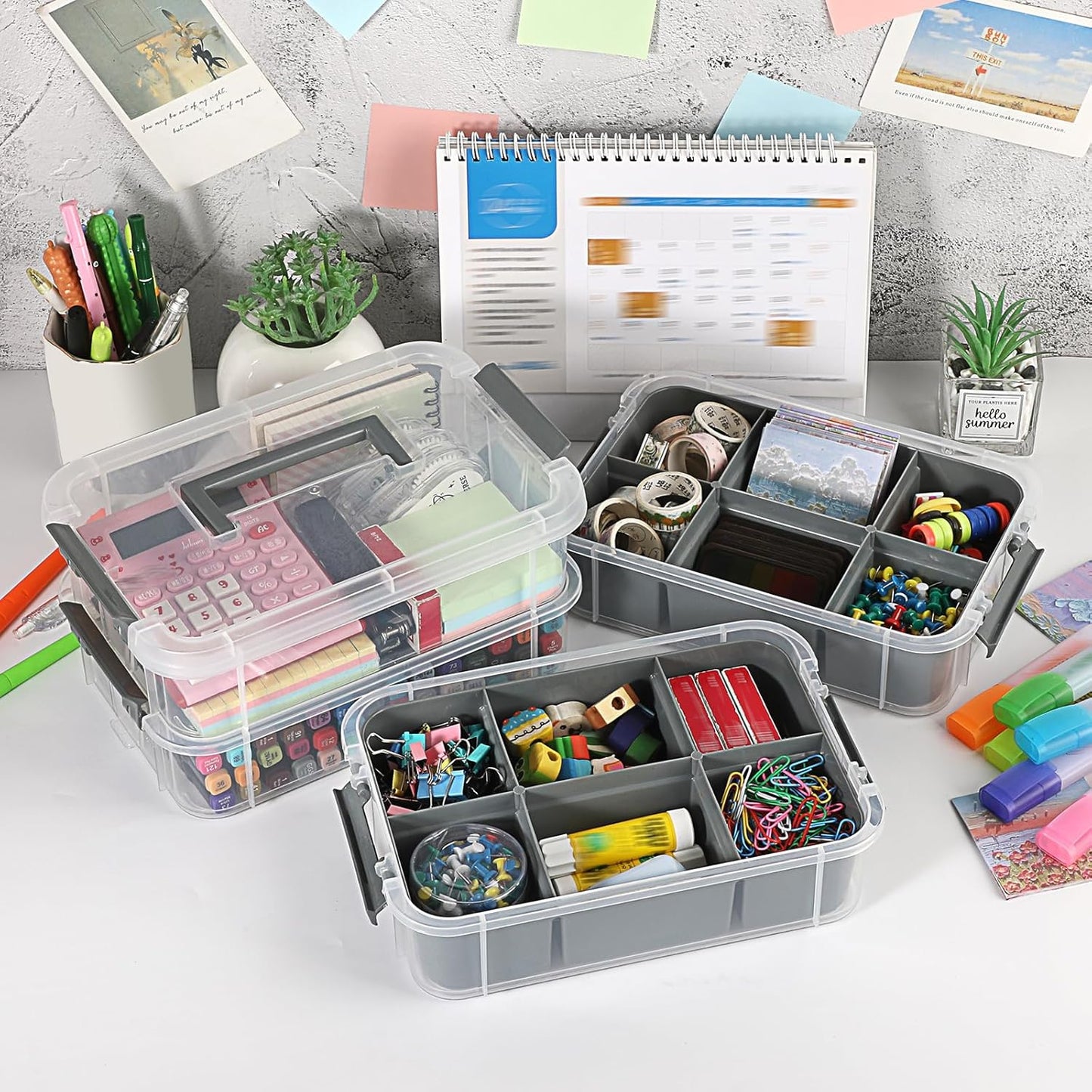 JUXYES 4-Tiers Stack Carry Storage Box With 2 Divided Tray, Transparent Stackable Storage Bin With Handle Lid Latching Storage Container for School & Office Supplies, Blue