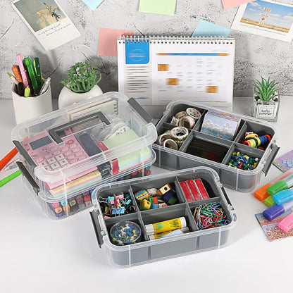 JUXYES 4-Tiers Plastic Stack Carry Storage Containers Box wih Handle Lids | Clear Stackable Latching Storage Bin With 2 Tray for School Office, Organizing Sewing, Art Craft, DIY Supplies, Blue