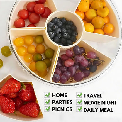 12" Divided Rotating Serving Tray with Lid and Handle — Clear Snack Spinner Organizer and Storage 12 Inch Portable Snackle Box for Fruits Snacks Veggie Charcuterie with 6 Compartments