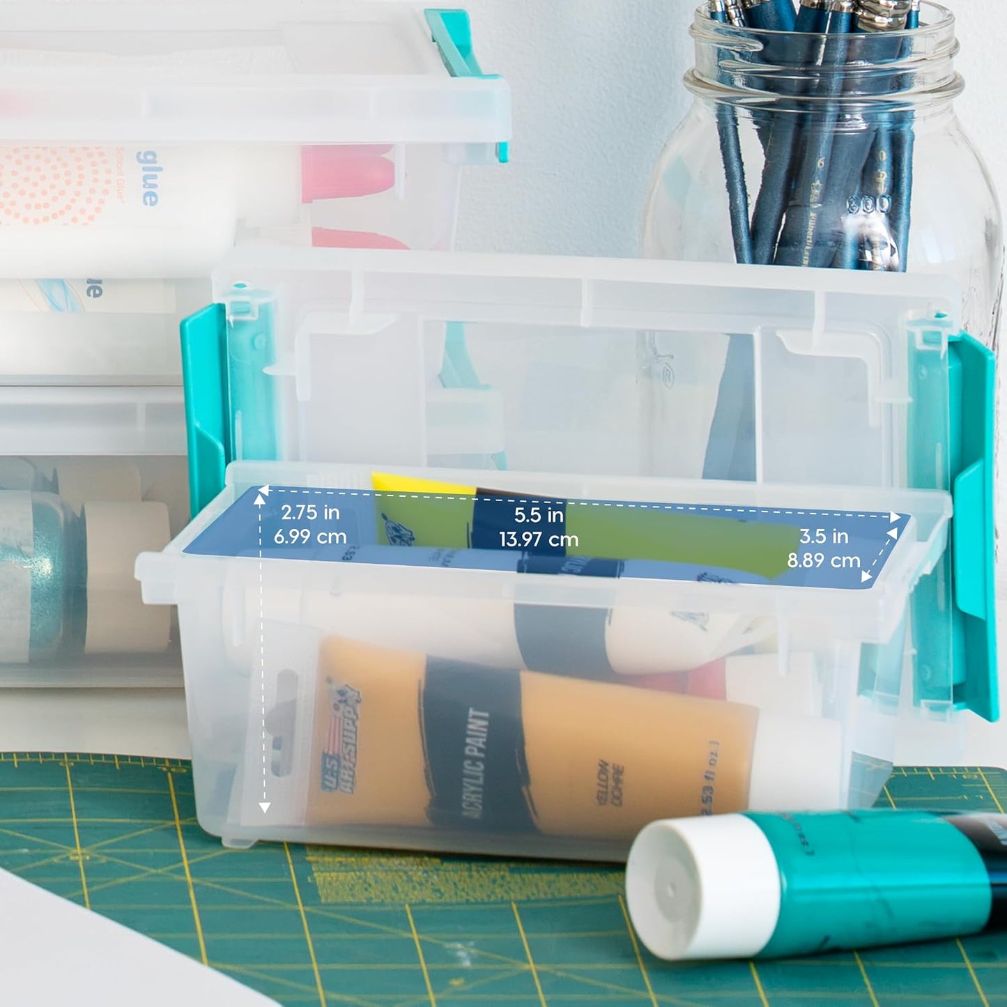 IRIS USA 12 Qt. Craft Storage Bins with Lids, 4-Pack, |Made in USA|, Clip Box, Medium Plastic Sensory Bin Tote Organizer Containers for Art Supplies, Paper, & Office, Stackable - Clear/Seafoam Blue