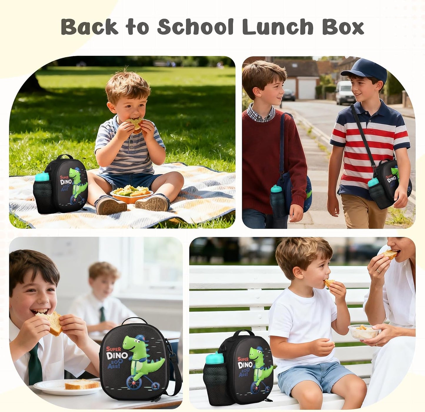 Reusable Insulated Lunch Bag for Kids Teens & Adults with Adjustable Shoulder Strap - Large Durable Lunch Bag Tote for School Travel Picnic Work - Leakproof Design Lunch Carrier (Black -3D Dinosaur)