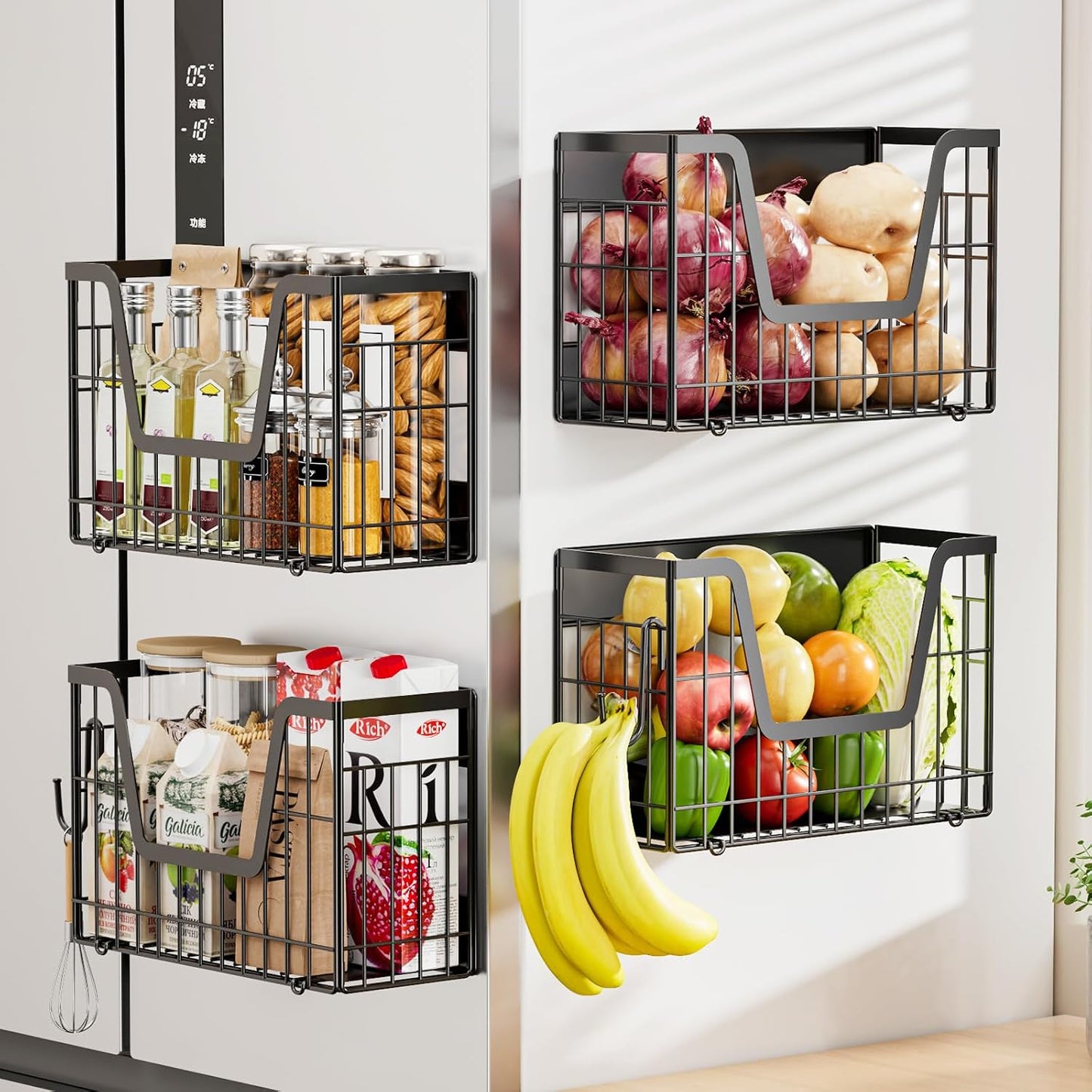 2 Set Magnetic Shelf for Fridge, Potato & Onion Storage Bins, Magnetic Fruit Basket for Refrigerator Pantry Kitchen Counter Laundry Organizer, Fridge Magnetic Spice Rack Magnet Fridge Storage